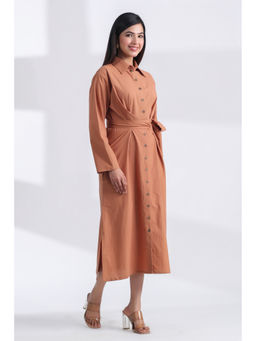 JAIPURRANG - Brown Color Cotton Shirt Dress with Belt