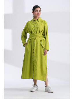 JAIPURRANG - Lime Green Color Cotton Shirt Dress with Belt