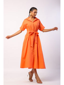 JAIPURRANG - Tangerine Orange Color Cotton Shirt Dress with Belt