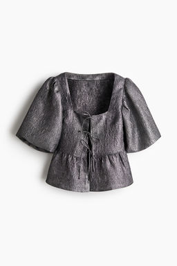 H&M - Women Grey Jacquard-Weave Tie-Front Blouse