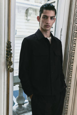 H&M - Men Black Regular Fit Textured-Weave Overshirt