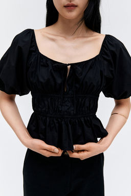H&M - Women Black Puff-Sleeved Poplin Blouse