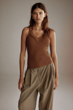 H&M - Women Brown Lace-Trimmed Strappy Top