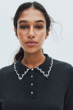 H&M - Women Grey Embellished Polo Top
