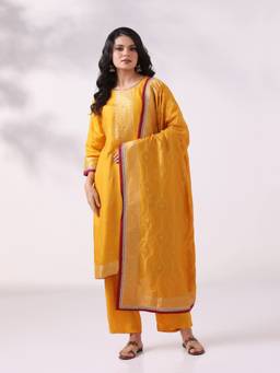 Shree - Women's Dola Silk Jacquard Mustard Kurta With Pant & Dupatta