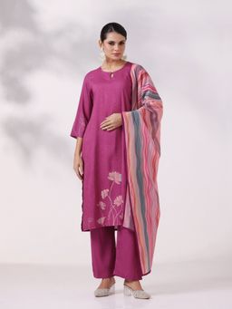 Shree - Women's Liva Purple Printed Kurta With Pant & Dupatta