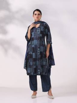 Shree - Women's Cotton Indigo Printed Kurta With Pant & Dupatta