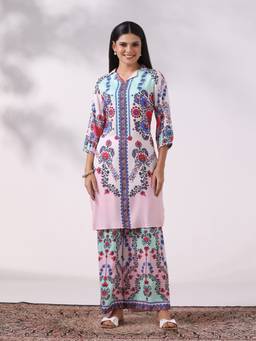 Shree - Women's Liva Multicolour Printed Kurta With Wide Leg Pant
