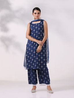 Shree - Women's Liva Blue Printed Kurta Wide Leg With Pant & Dupatta
