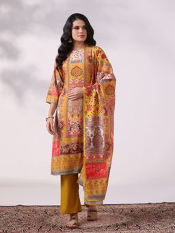 Shree - Women's Liva Mustard Multicolour Printed Kurta With Pant & Dupatta