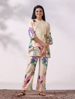 Shree - Women's Poly Viscose Beige Floral Print Co-Ord Set