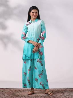 Shree - Women's Chanderi Green Floral Print Co-Ord Set