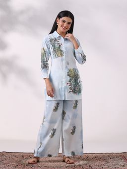 Shree - Women's Chanderi Blue Floral Print Co-Ord Set
