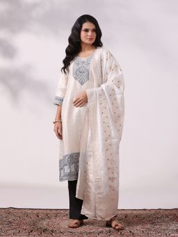 Shree - Women's Viscose Jacquard Off White And Black Woven Kurta With Pant & Dupatta