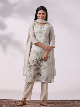 Shree - Women's Linen Olive Embroidered Kurta With Pant & Dupatta