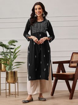 ADA - Hand Embroidered Black Cotton Lucknow Chikankari Kurta