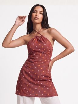 NISHORAMA - Women's Red Bandhani Printed Pure Cotton Halter Neck Kurti