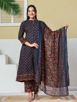Yufta - Women's Navy Blue Floral A-Line Kurta With Pant & Dupatta