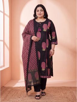 Yufta - Women's Black Pure Cotton A-Line Plus Size Kurta With Pant & Dupatta