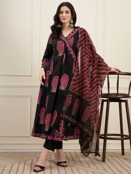 Yufta - Women's Black Cotton Angarkha With Pant & Dupatta