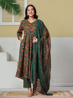 Yufta - Women's Green Pure Cotton Floral Kurta With Pant & Dupatta