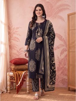 Yufta - Women's Black Straight Pure Cotton Kurta With Pant & Dupatta