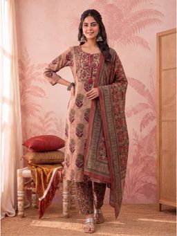Yufta - Women's Peach Straight Pure Cotton Floral Kurta With Pant & Dupatta