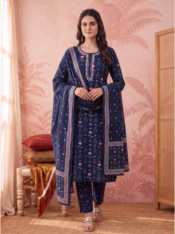 Yufta - Women's Blue Straight Pure Cotton Floral Kurta With Pant & Dupatta