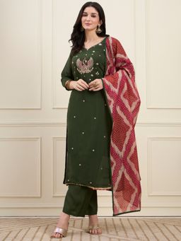 Yufta - Women's Green Mal Chanderi Lining Kurta With Pant & Dupatta