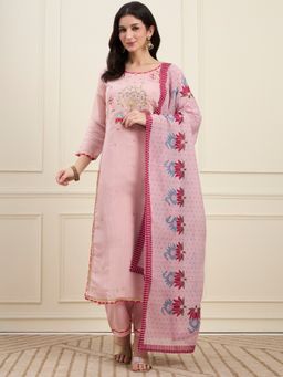 Yufta - Women's Pink Mal Chanderi Lining Kurta Dupatta Pant Set