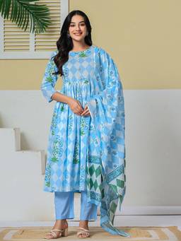 Yufta - Women's Blue Pure Cotton Kurta With Pant & Dupatta