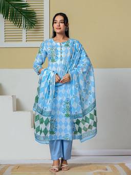 Yufta - Women's Blue Cotton Straight Kurta With Pant & Dupatta