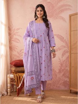 Yufta - Women's Lavender Cotton Floral Print Kurta With Pant & Dupatta