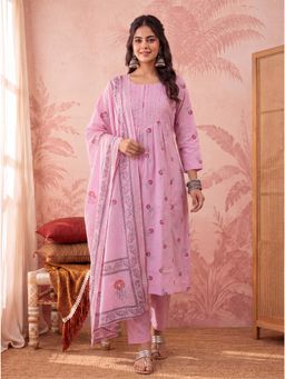 Yufta - Women's Pink Cotton Floral Print Kurta With Pant & Dupatta