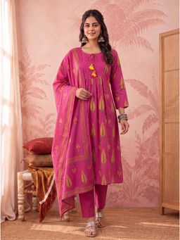 Yufta - Women's Pink Cotton Kantha Work Sequins Kurta With Pant & Dupatta
