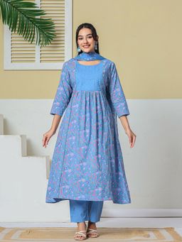 Yufta - Women's Sky Blue Cotton Kantha Work Kurta With Pant & Dupatta