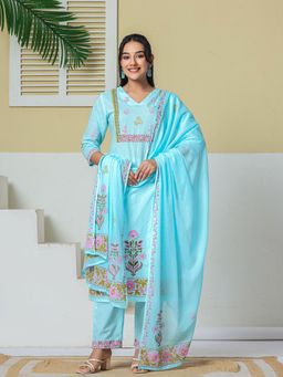 Yufta - Women's Blue Cotton Kurta With Pant & Dupatta