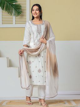 Yufta - Women's Off White Roman Silk Kurta With Pant & Dupatta
