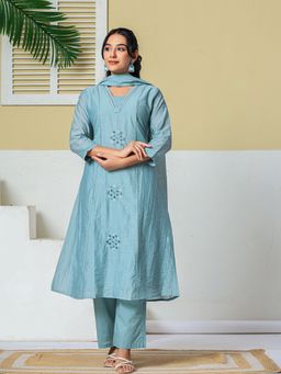 Yufta - Women's Blue Mul Chanderi Embroidery A Line Kurta With Pant & Dupatta
