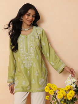 ADA - Hand Embroidered Green Muslin Lucknowi Chikankari Kurti