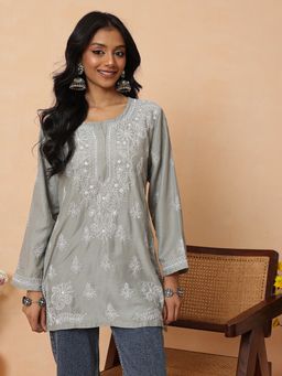 ADA - Hand Embroidered Grey Muslin Lucknowi Chikankari Kurti