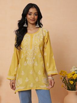ADA - Hand Embroidered Yellow Muslin Lucknowi Chikankari Kurti