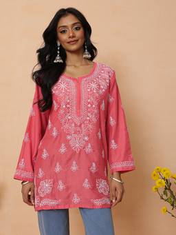 ADA - Hand Embroidered Carrot Pink Muslin Lucknowi Chikankari Kurti