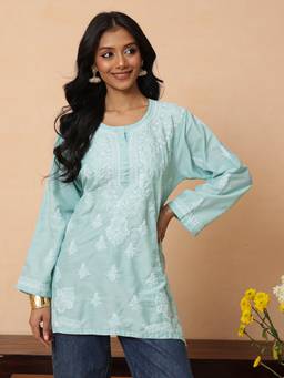 ADA - Hand Embroidered Blue Muslin Lucknow Chikankari Kurti