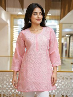 ADA - Hand Embroidered Peach Cotton Lucknow Chikankari Kurti