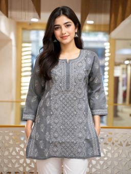 ADA - Hand Embroidered Grey Cotton Lucknowi Chikankari Kurti
