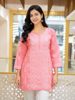 ADA - Hand Embroidered Carrot Pink Cotton Lucknowi Chikankari Kurti