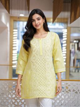 ADA - Hand Embroidered Lemon Cotton Lucknowi Chikankari Kurti
