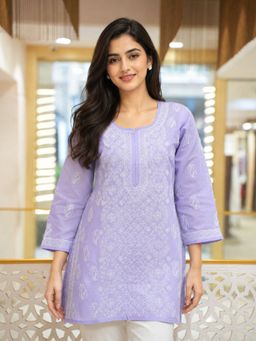 ADA - Hand Embroidered Purple Cotton Lucknow Chikankari Kurti