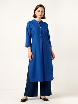 COTTONS DAILY - Royal Blue Solid Straight Long Kurta